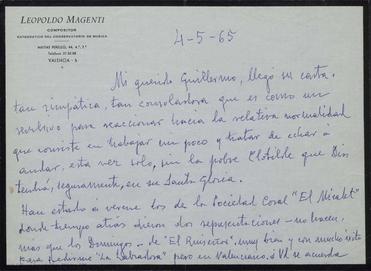 Carta de Leopoldo Magenti a Guillermo Fernández Shaw retomando su