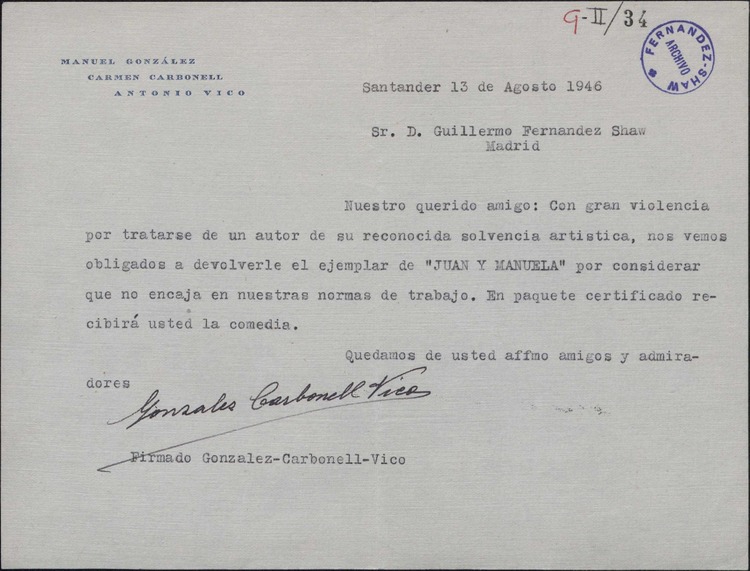 Carta de González Carbonell Vico a Guillermo Fernández Shaw anunciando