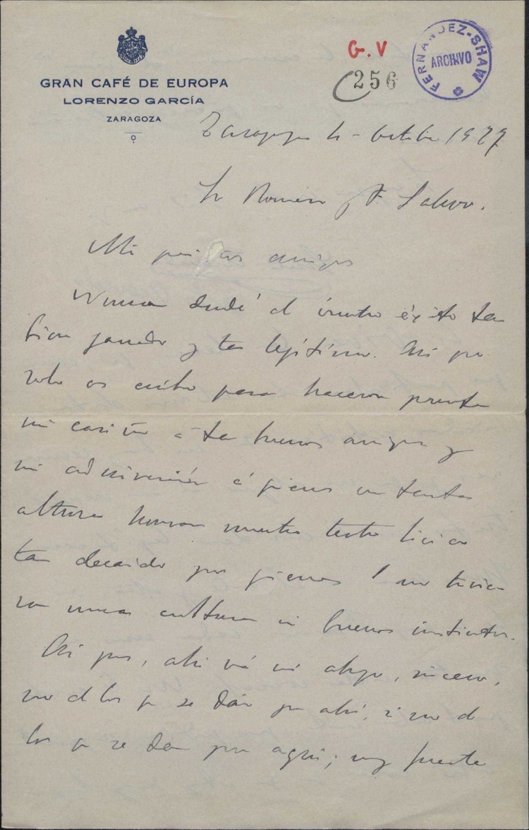 Carta de Sixto Acevedo a Guillermo Fernández Shaw y Federico Romero