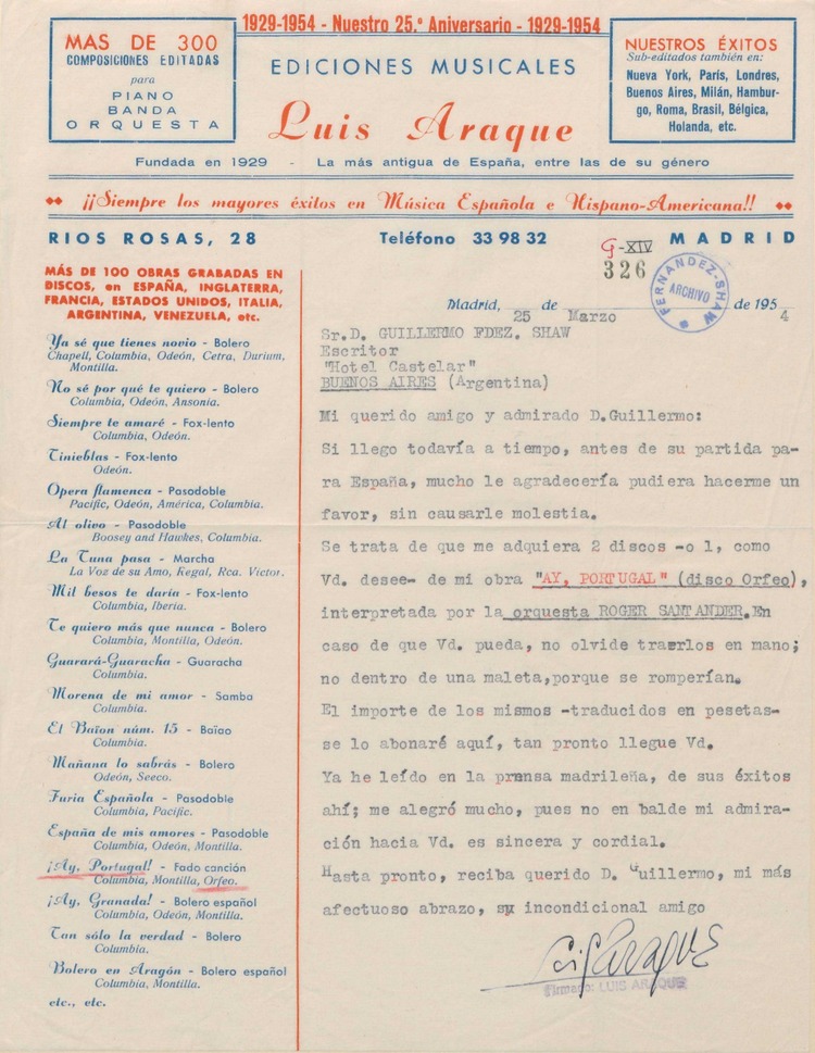 Carta de Luis Araque a Guillermo Fernández Shaw pidiéndole que le