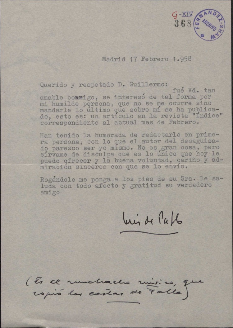 Carta De Luis De Pablo A Guillermo Fern Ndez Shaw Remiti Ndole Un