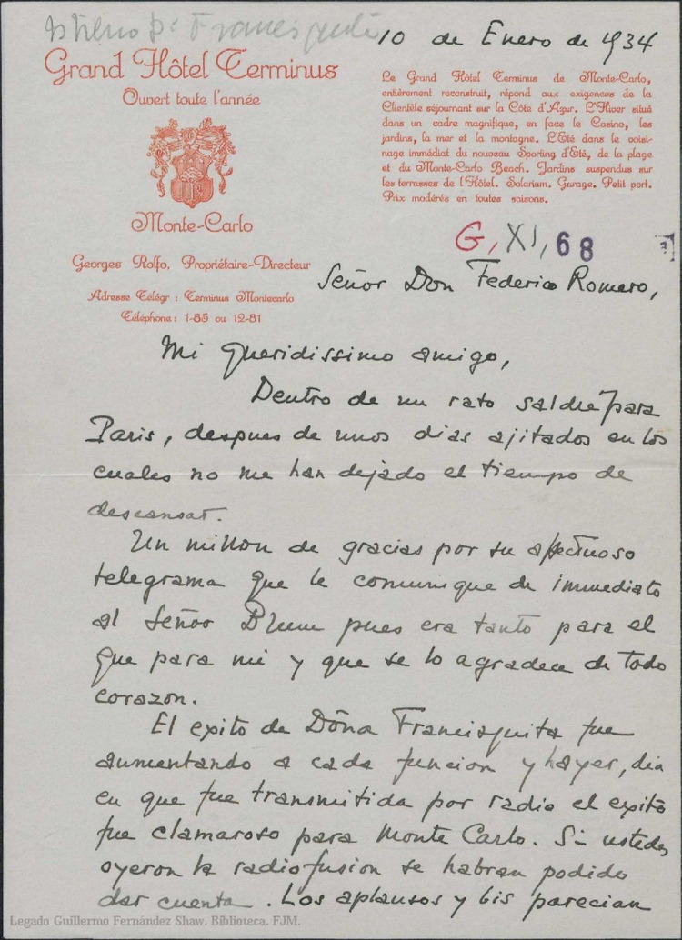 Carta de André de Badet a Federico Romero hablándole del éxito de