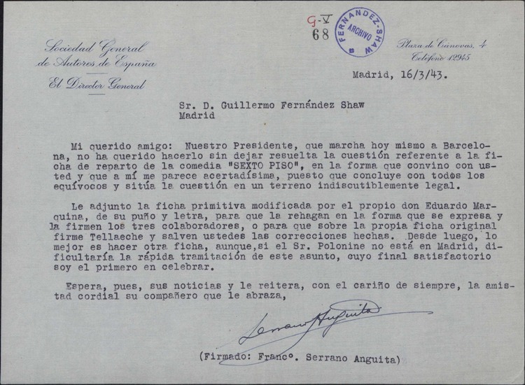 Carta De Francisco Serrano Anguita A Guillermo Fern Ndez Shaw