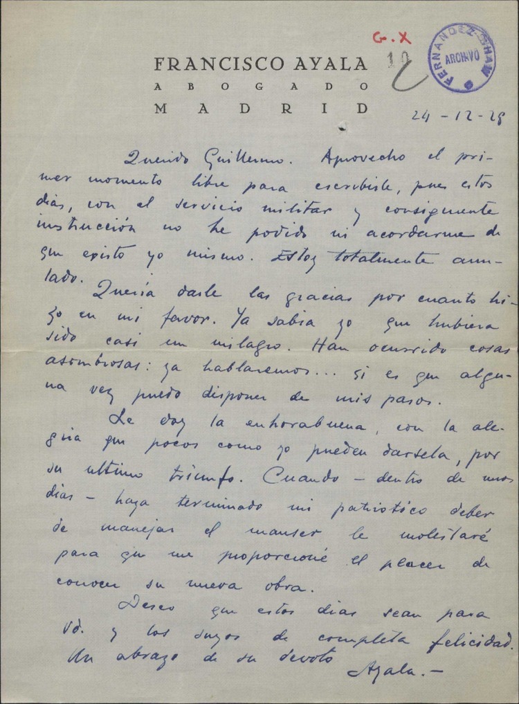 Carta De Francisco Ayala A Guillermo Fern Ndez Shaw Felicit Ndole Por