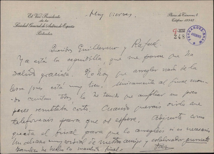 Carta De Francisco Alonso A Guillermo Y Rafael Fern Ndez Shaw