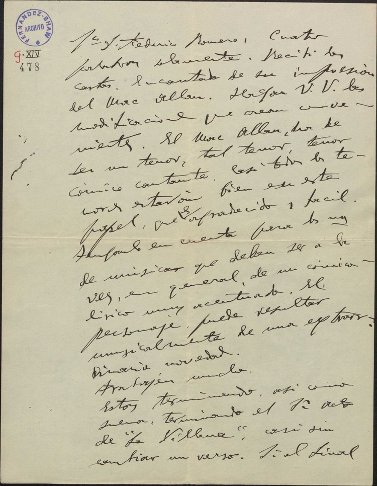 Carta De Amadeo Vives A Federico Romero Dici Ndole Que Tiene Terminado