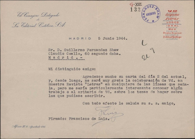 Carta de Francisco de Luis a Guillermo Fernández Shaw aceptando su