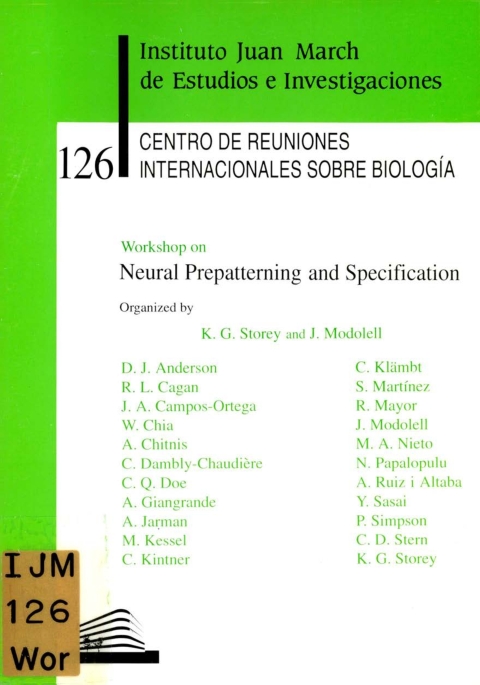 Portada de "Workshop on Neural Prepatterning and Specification"