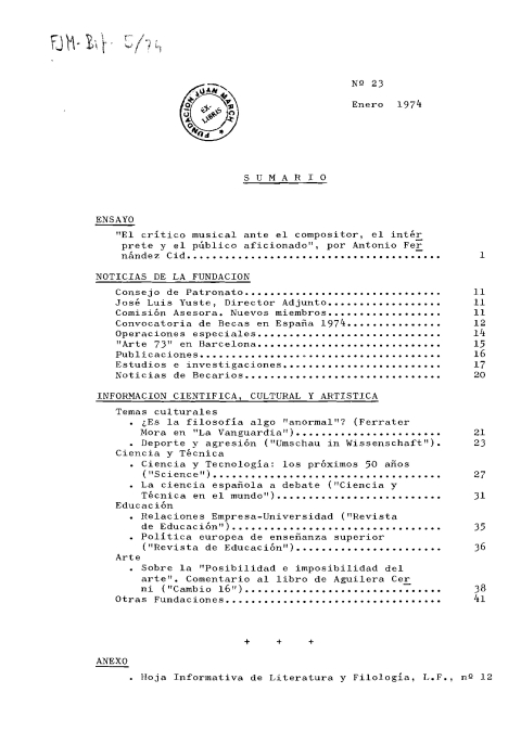 Portada de "Boletín enero 1974"