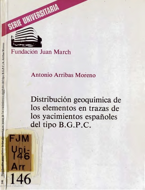 Portada de "Distribución geoquímica de los elementos en trazas de los yacimientos españoles del tipo B.G.P.C."