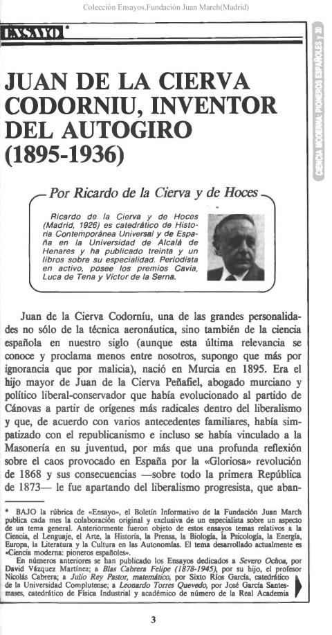 Portada de "Juan de la Cierva Codorniú, inventor del autogiro (1895-1936)"