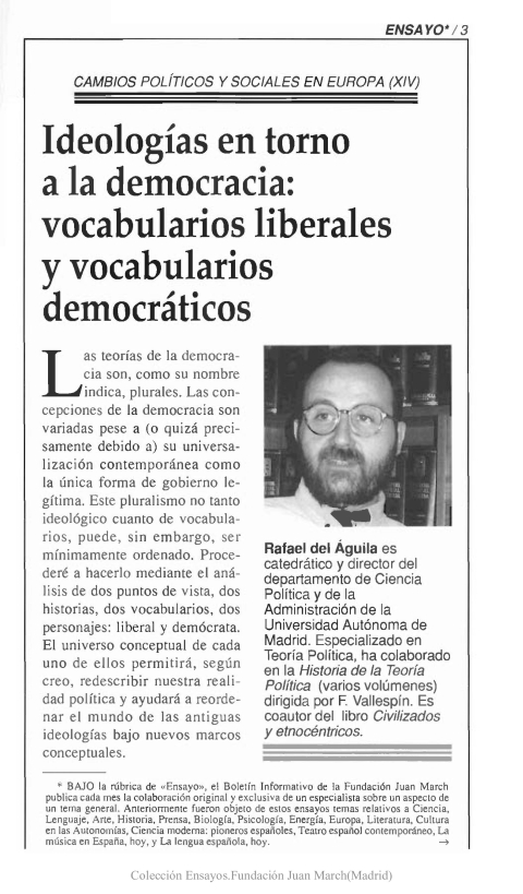 Portada de "Ideologías en torno a la democracia; vocabularios liberales y vocabularios democráticos"
