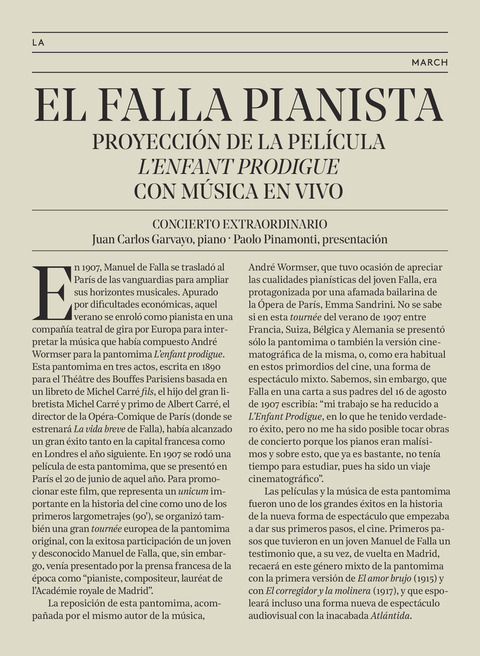 Portada de "El Falla pianista: proyección de la película L’enfant prodigue con música en vivo. Concierto Extraordinario. 30 de noviembre de 2024"