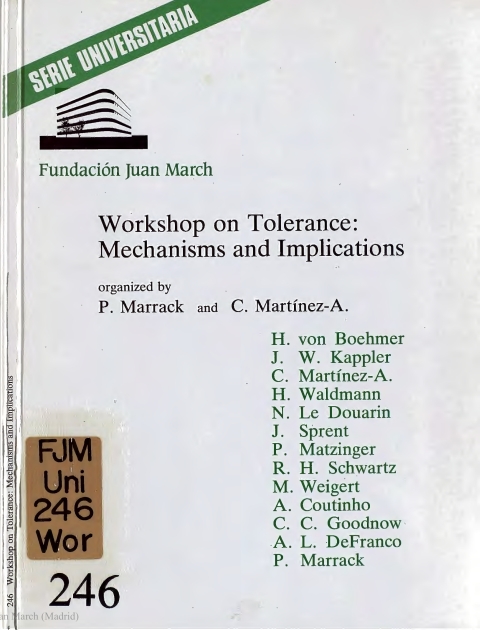 Portada de "Workshop on Tolerance : mechanisms and Implications"