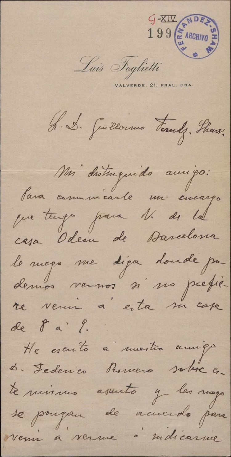 Carta de Luis Foglietti a Guillermo FernándezShaw, pidiéndole una