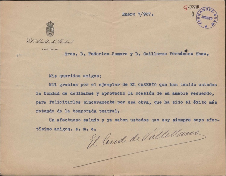 Carta de Fernando Suárez de Tangil, Conde de Vallellano, a Guillermo