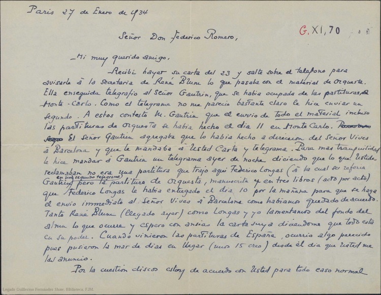Carta de André de Badet a Federico Romero diciéndole que se ha devuelto