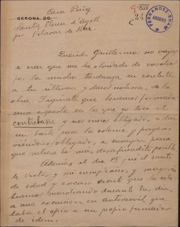 Carta de Eduardo Granados a Guillermo FernándezShaw, hablándole entre