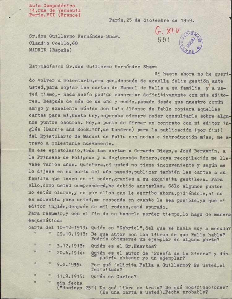 Carta de Luis Campodónico a Guillermo FernándezShaw, solicitando ayuda