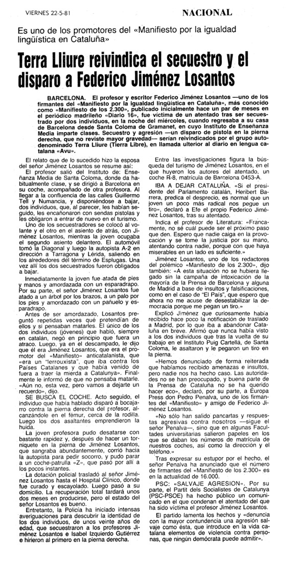 Terra Lliure reivindica el secuestro y el dispro a Federico Jiménez