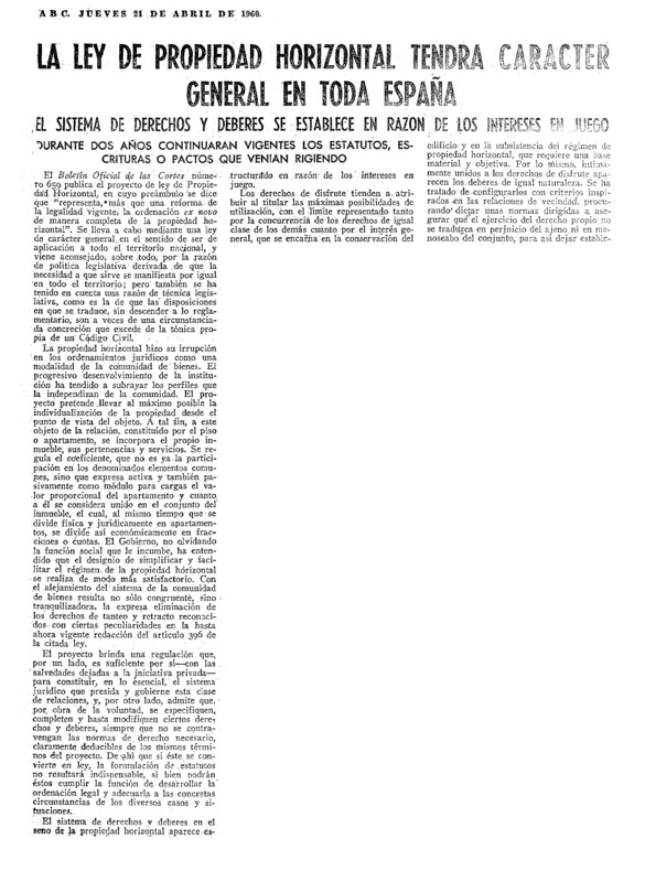 La ley de propiedad horizontal tendrá carácter general en toda España ...