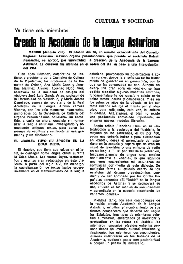 Creada la Academia de la Lengua Asturiana - Archivo Linz de la Transición  española | Fundación Juan March