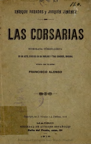 Las corsarias:humorada cómico-lírica en un acto, dividido en un prólogo y tres cuadros