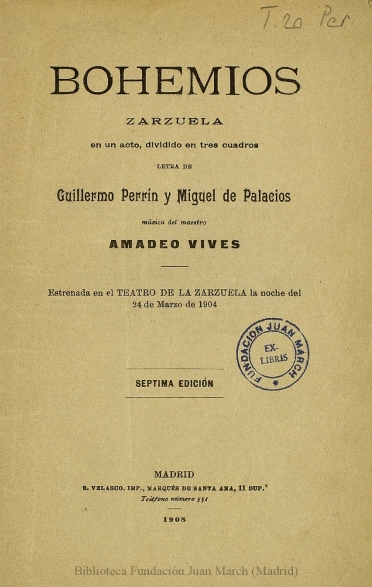 Bohemios:zarzuela en un acto, dividido en tres cuadros