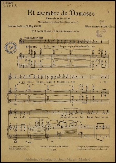 El asombro de Damasco:zarzuela en dos actos : inspirada en un cuento de "Las mil y una noches" : N, 7, Couplets de los preceptos del Corán