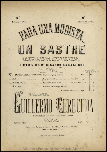 Para una modista... un sastre:N. 1, Introducción y Canción española de tiple cantada por la Sra. Raguer : zarzuela en un acto y en verso