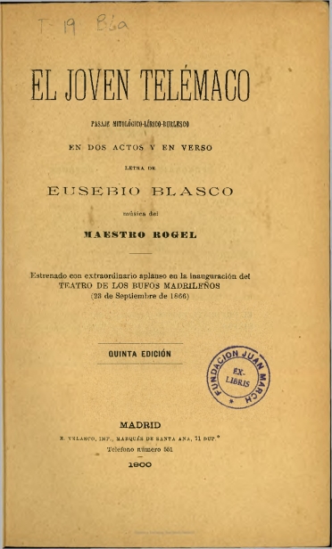 El joven Telémaco:pasaje mitológico-lírico-burlesco en dos actos y en verso