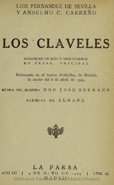 Los claveles:sainete en un acto y tres cuadros, en prosa